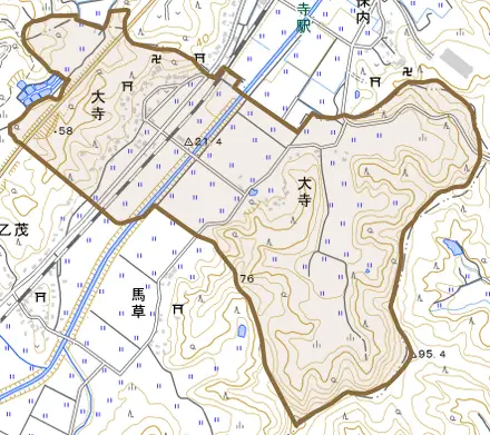 大字大寺とその周辺の地図。町の範囲を重ねている