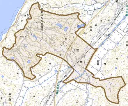 大字乙茂とその周辺の地図。町の範囲を重ねている