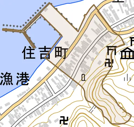 大字住吉町とその周辺の地図。町の範囲を重ねている