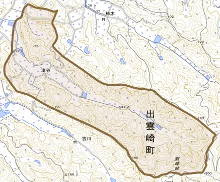 大字滝谷とその周辺の地図。町の範囲を重ねている