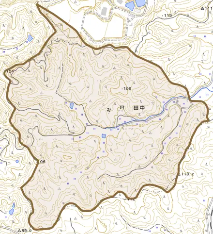大字田中とその周辺の地図。町の範囲を重ねている