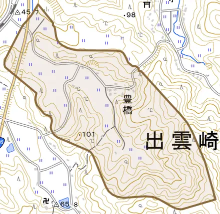 大字豊橋とその周辺の地図。町の範囲を重ねている