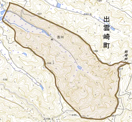 大字吉川とその周辺の地図。町の範囲を重ねている
