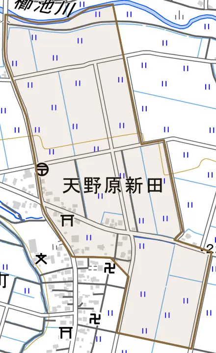 大字天野原新田とその周辺の地図。町の範囲を重ねている