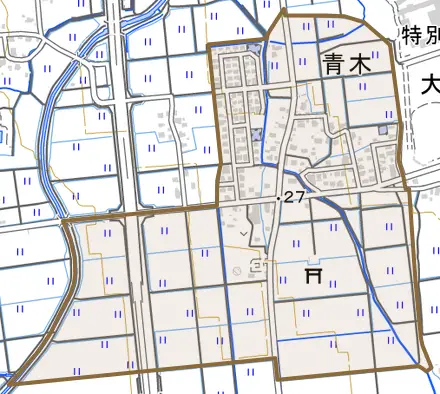 大字青木とその周辺の地図。町の範囲を重ねている