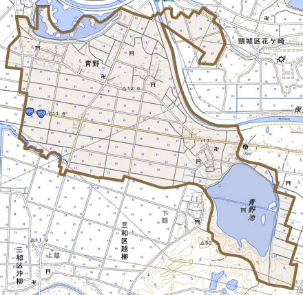 大字青野とその周辺の地図。町の範囲を重ねている