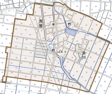 大字荒屋とその周辺の地図。町の範囲を重ねている