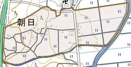 大字朝日とその周辺の地図。町の範囲を重ねている