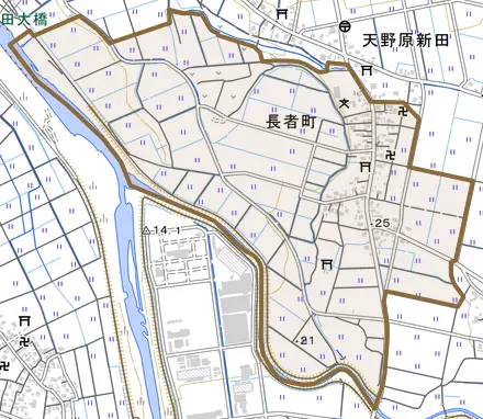 大字長者町とその周辺の地図。町の範囲を重ねている