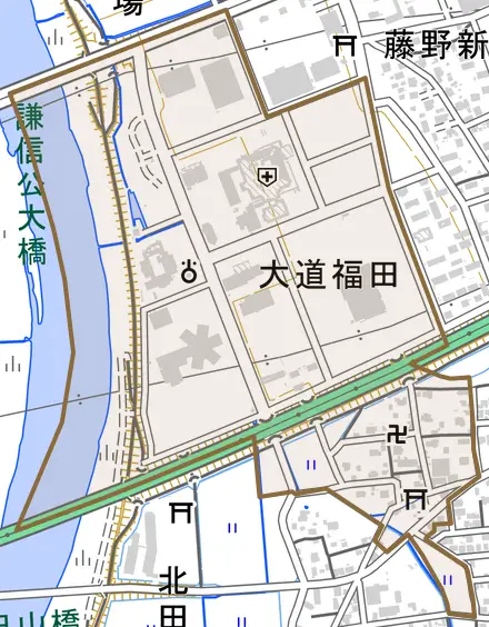 大字大道福田とその周辺の地図。町の範囲を重ねている