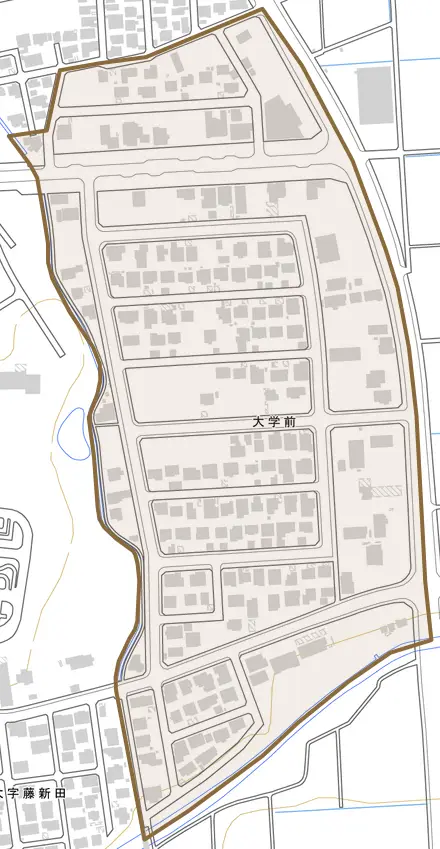 大学前とその周辺の地図。町の範囲を重ねている