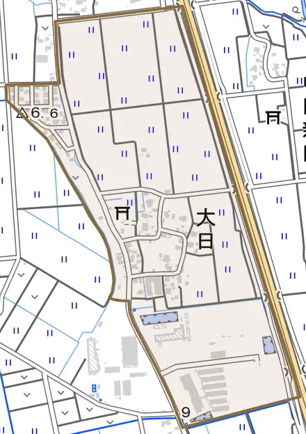 大字大日とその周辺の地図。町の範囲を重ねている