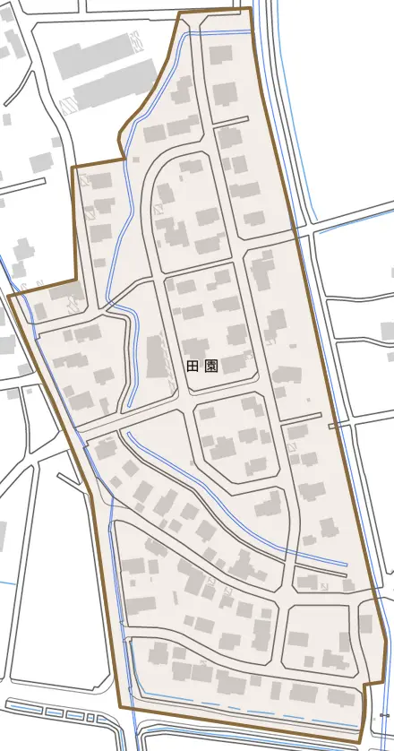 田園とその周辺の地図。町の範囲を重ねている