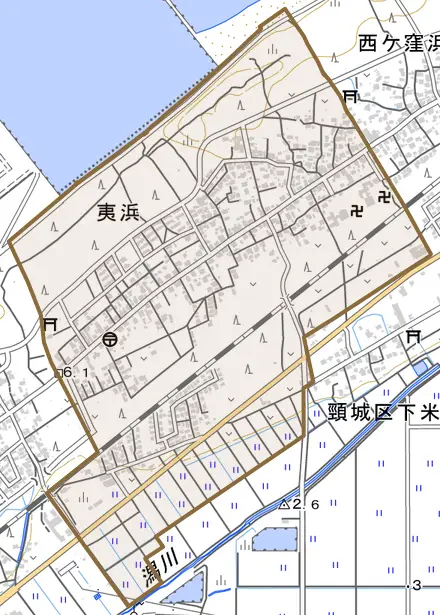 大字夷浜とその周辺の地図。町の範囲を重ねている