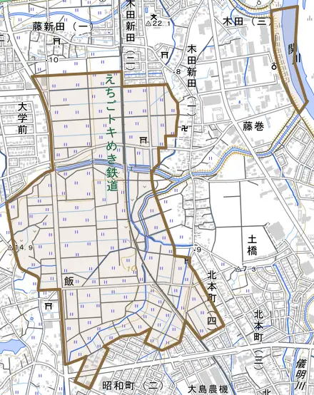 大字藤巻とその周辺の地図。町の範囲を重ねている