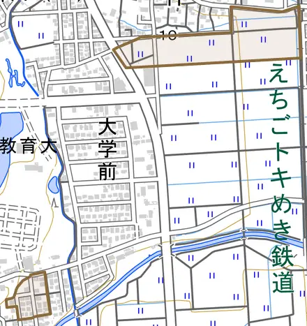 大字藤新田とその周辺の地図。町の範囲を重ねている