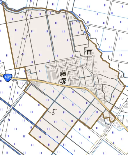 大字藤塚とその周辺の地図。町の範囲を重ねている