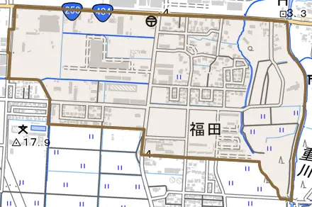大字福田とその周辺の地図。町の範囲を重ねている