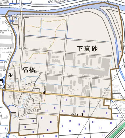 大字福橋とその周辺の地図。町の範囲を重ねている