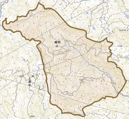 大字儀明とその周辺の地図。町の範囲を重ねている