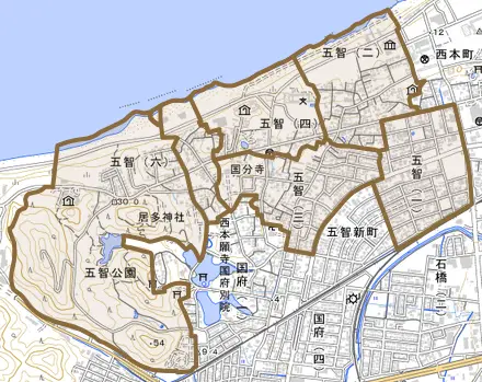 五智とその周辺の地図。町の範囲を重ねている