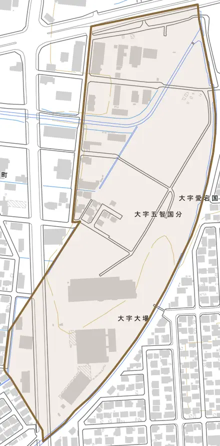 大字五智国分とその周辺の地図。町の範囲を重ねている