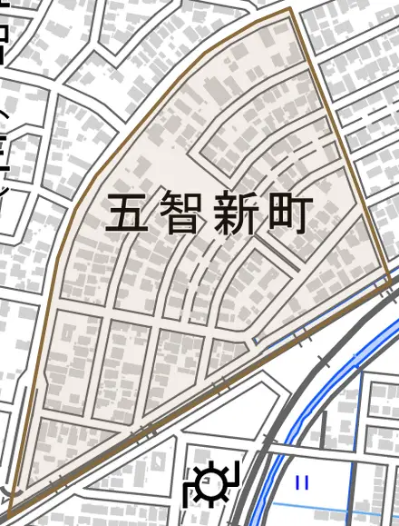 五智新町とその周辺の地図。町の範囲を重ねている
