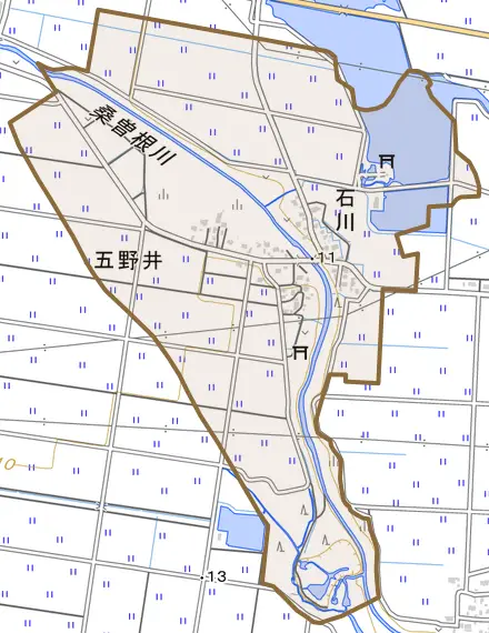 大字五野井とその周辺の地図。町の範囲を重ねている