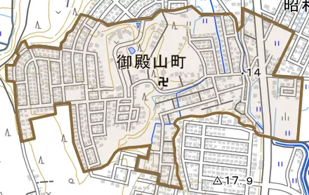 御殿山町とその周辺の地図。町の範囲を重ねている