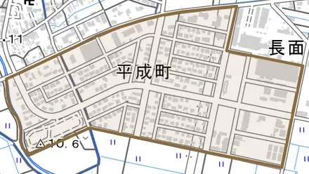 平成町とその周辺の地図。町の範囲を重ねている