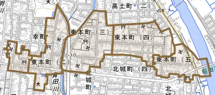 東本町とその周辺の地図。町の範囲を重ねている