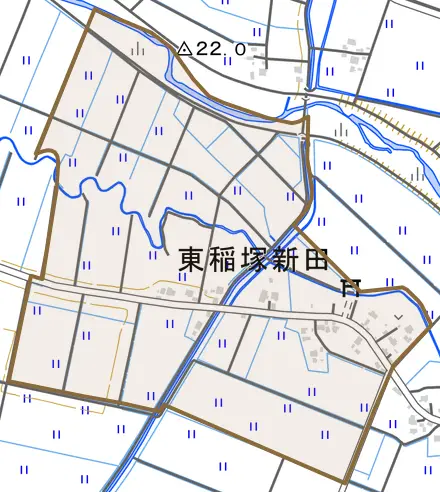 大字東稲塚新田とその周辺の地図。町の範囲を重ねている