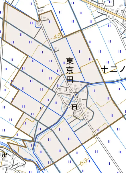 大字東京田とその周辺の地図。町の範囲を重ねている