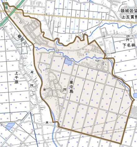 大字東中島とその周辺の地図。町の範囲を重ねている