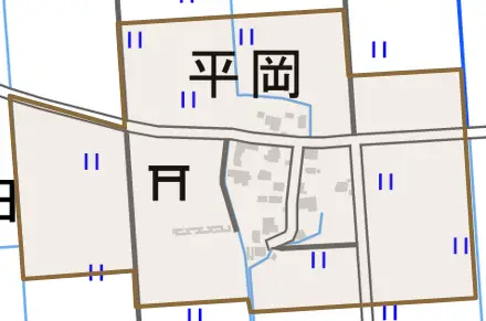 大字平岡とその周辺の地図。町の範囲を重ねている