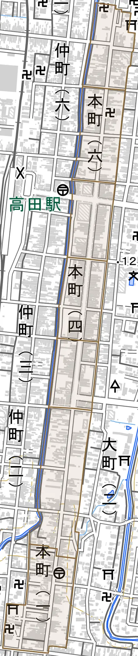 本町とその周辺の地図。町の範囲を重ねている