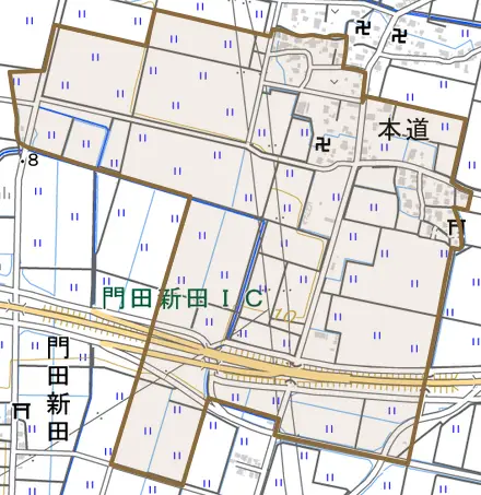 大字本道とその周辺の地図。町の範囲を重ねている