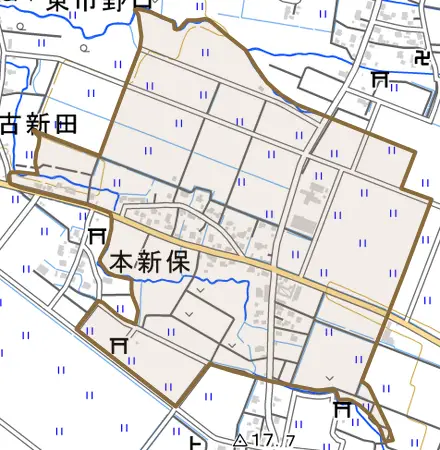 大字本新保とその周辺の地図。町の範囲を重ねている