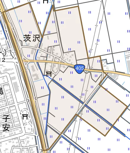 大字茨沢とその周辺の地図。町の範囲を重ねている