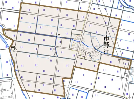 大字市野江とその周辺の地図。町の範囲を重ねている