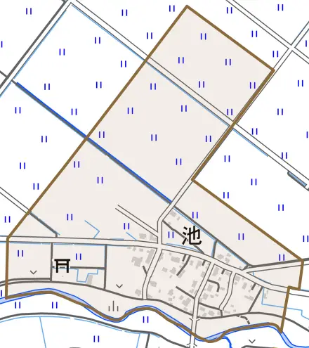 大字池とその周辺の地図。町の範囲を重ねている