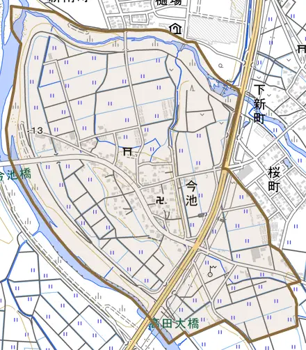 大字今池とその周辺の地図。町の範囲を重ねている