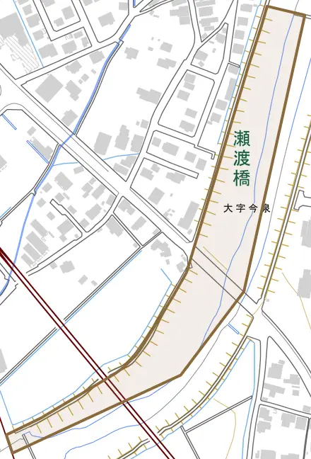 大字今泉とその周辺の地図。町の範囲を重ねている
