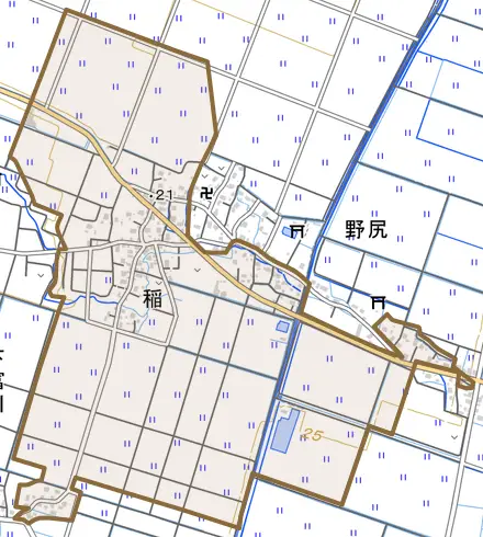 大字稲とその周辺の地図。町の範囲を重ねている
