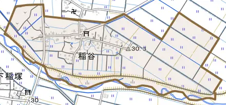 大字稲谷とその周辺の地図。町の範囲を重ねている