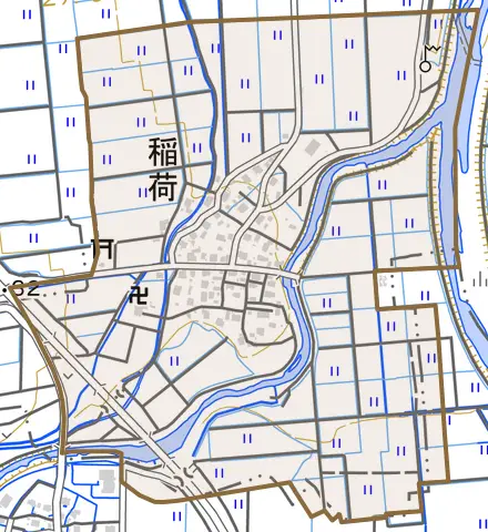 大字稲荷とその周辺の地図。町の範囲を重ねている
