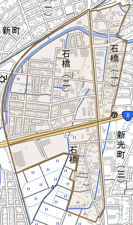 石橋とその周辺の地図。町の範囲を重ねている