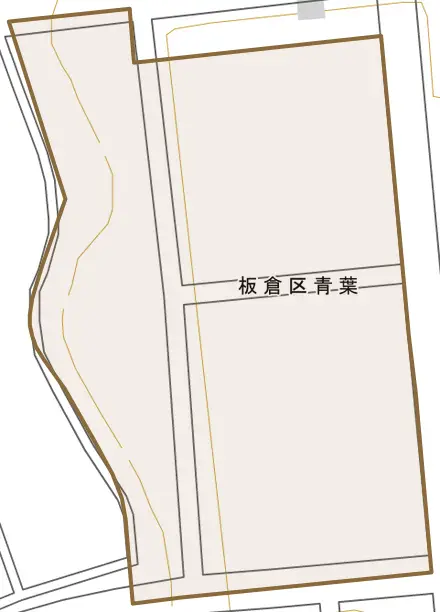 板倉区青葉とその周辺の地図。町の範囲を重ねている
