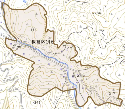板倉区別所とその周辺の地図。町の範囲を重ねている