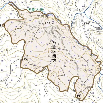 板倉区筒方とその周辺の地図。町の範囲を重ねている